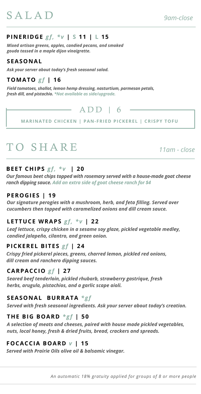 Restaurant Menu Pineridge Hollow