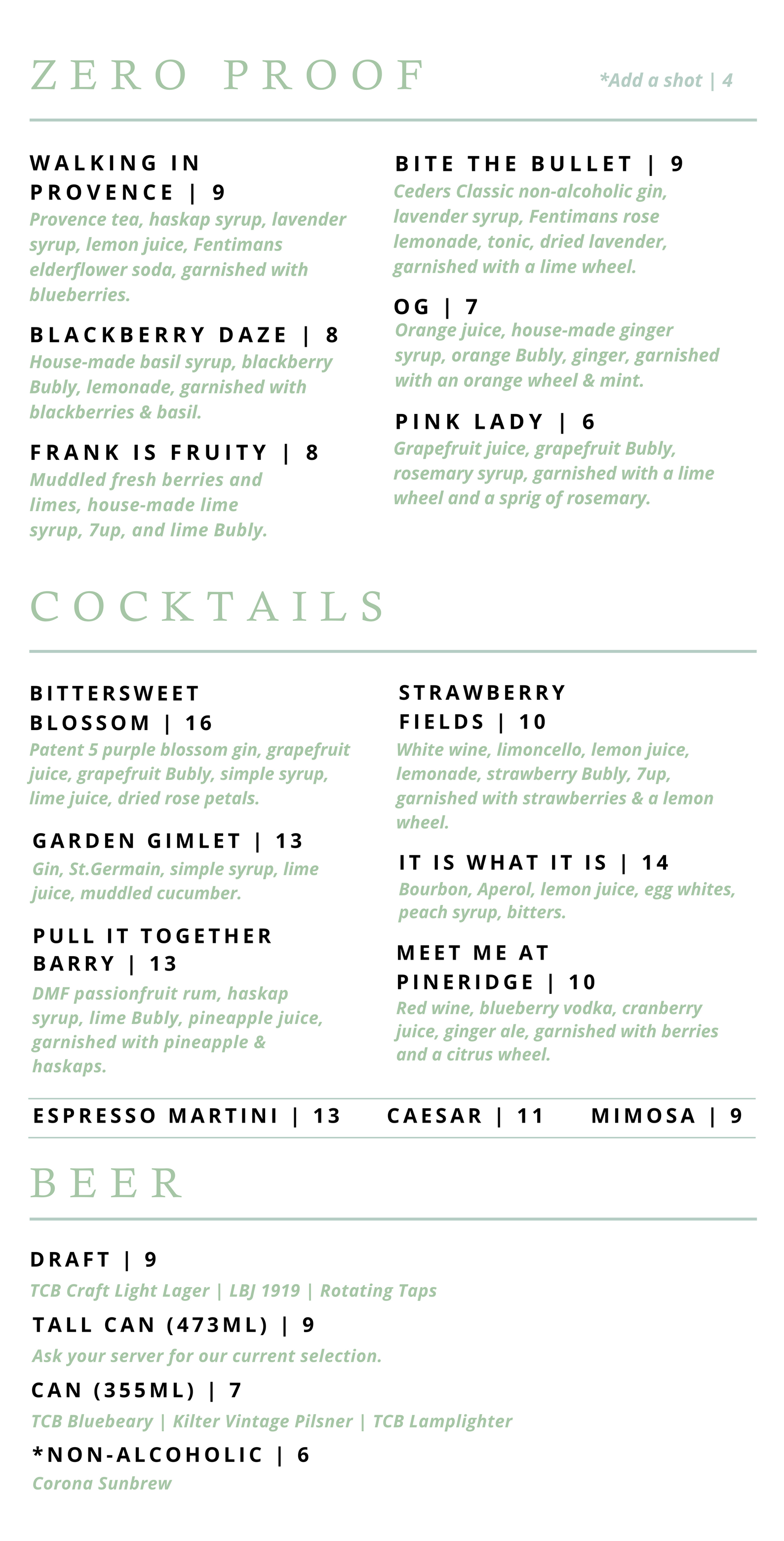 Restaurant Menu Pineridge Hollow